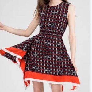 Maje Black and Red Patterned Sleeveless Fit-and-Flare Dress with Orange Trim